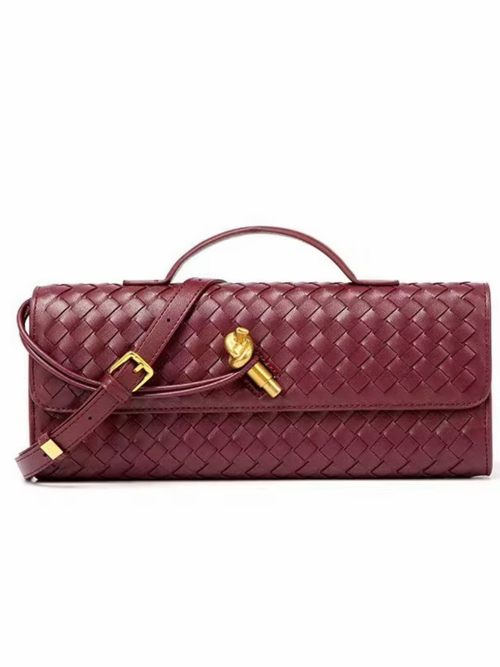 Woven Leather Shoulder Bag in Deep Burgundy